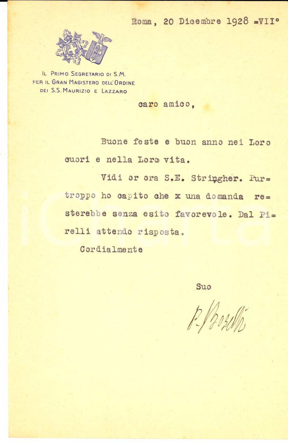 Documento originale, autentico 1928 ROMA ORDINE MAURIZIANO Lettera augurale on. Paolo BOSELLI Autografo 1