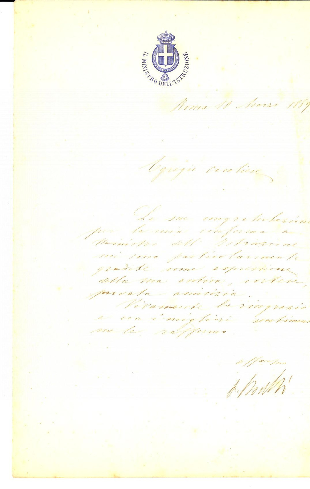 Autografo originale 1889 ROMA Paolo BOSELLI dopo la nomina a ministro dell istruzione Autografo 1