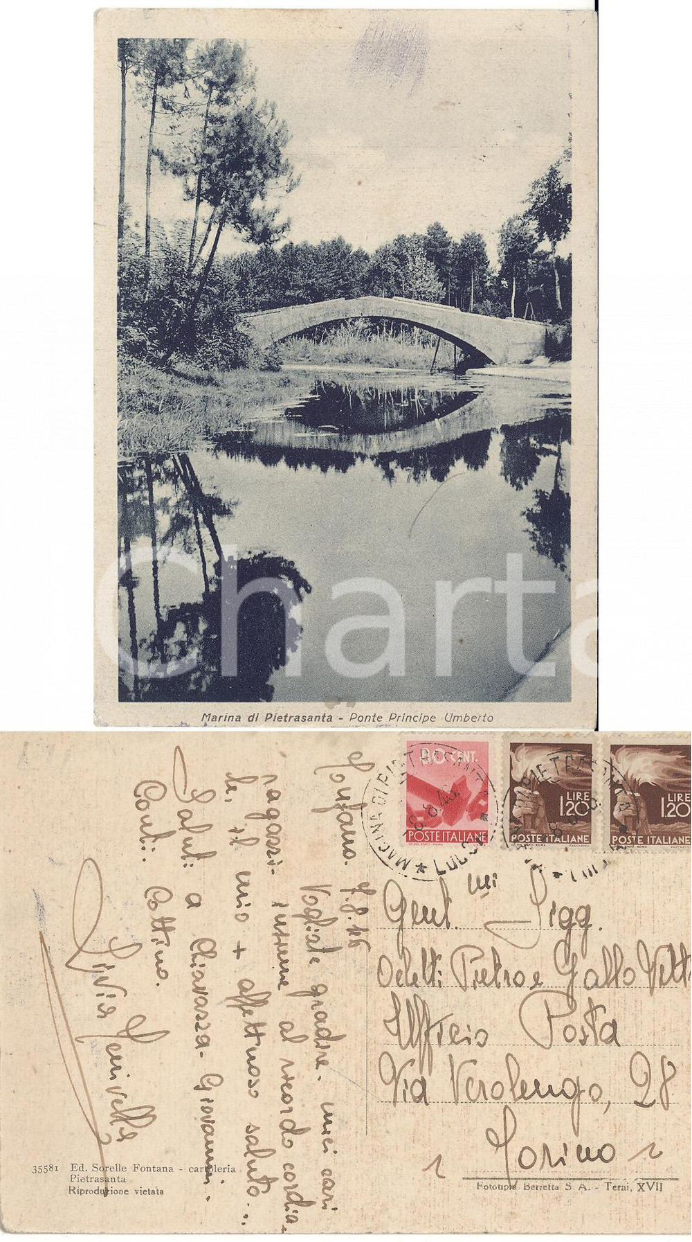 Cartolina originale da collezione 1946 MARINA DI PIETRASANTA LU Ponte Principe Umberto Lire 1,20 + 80 cent. 1