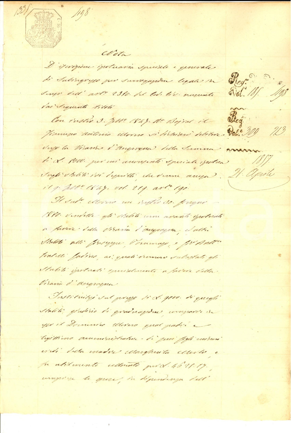 Documento originale, autentico 1857 BRICHERASIO TO Francesco MOVERO debitore della vicaria di ANGROGNA 1