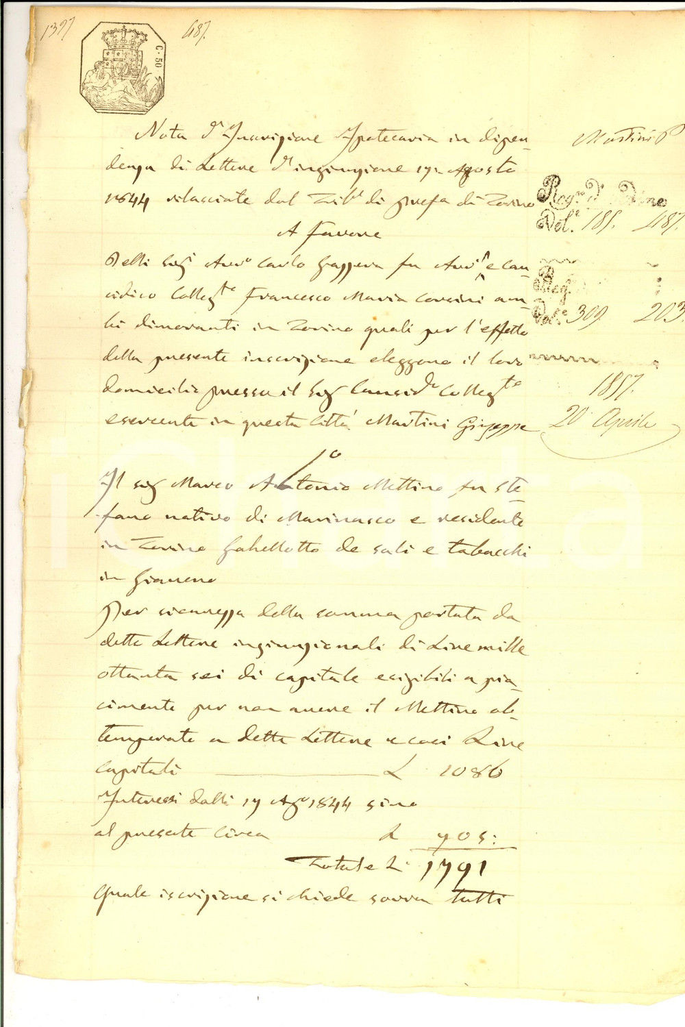 Documento originale, autentico 1857 GIAVENO TO Iscrizione contro Marco Antonio NETTINO per debiti Documento 1