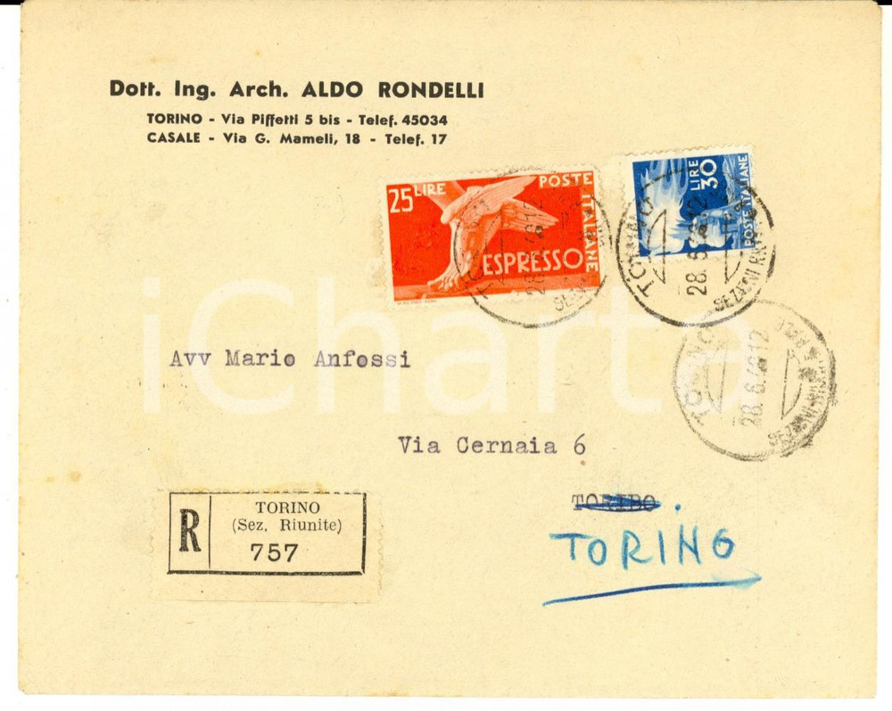 Cartolina originale da collezione 1946 TORINO Busta ing. Aldo RONDELLI Raccomandata L. 25 espresso + L. 30 1