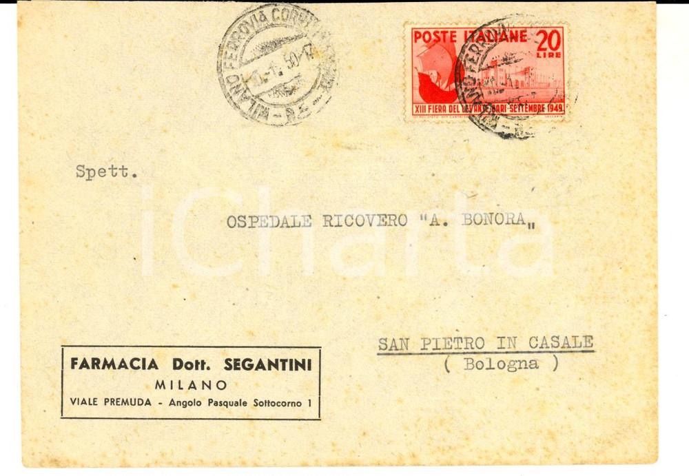 Cartolina originale da collezione 1950 MILANO Busta farmacia SEGANTINI L. 20 affrancatura XIII Fiera del Levante 1