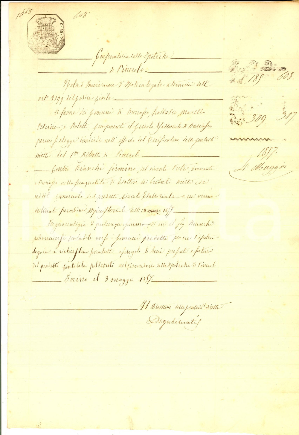 Documento originale, autentico 1857 BURIASCO TO Iscrizione di garanzia per Firmino BIANCHI esattore comunale 1