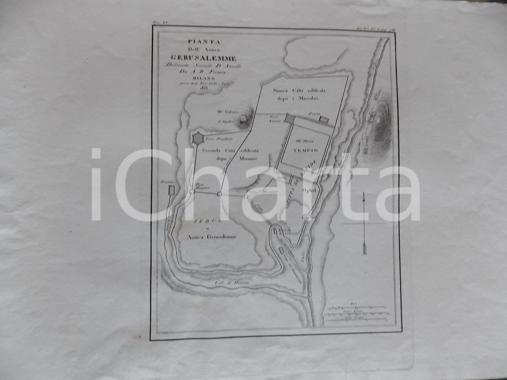 Stampa, bozzetto originale 1833 MILANO A. R. FREMIN Pianta dell antica GERUSALEMME Stampa 38x26 cm 1