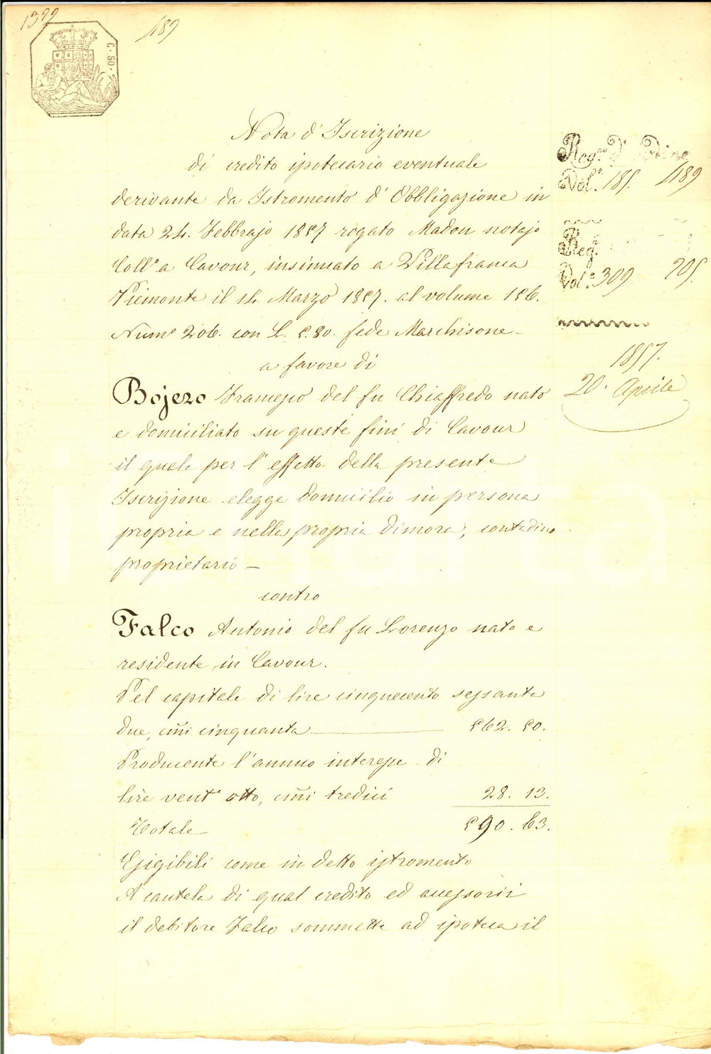 Documento originale, autentico 1857 CAVOUR TO Iscrizione pro Francesco BOJERO contro Antonio FALCO Documento 1