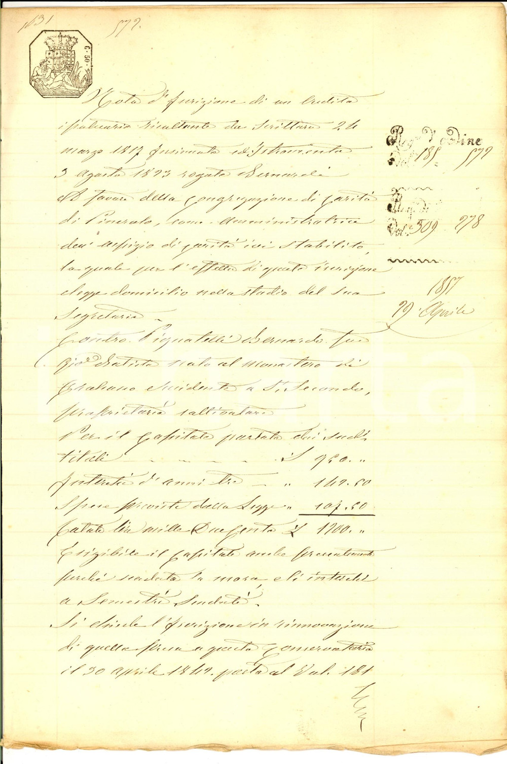Documento originale, autentico 1857 SAN SECONDO DI PINEROLO Iscrizione contro Bernardo PIGNATELLI Documento 1