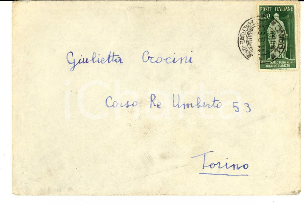 Cartolina originale da collezione 1950 STORIA POSTALE Busta affrancatura L. 20 IV centenario morte Guido d Arezzo 1