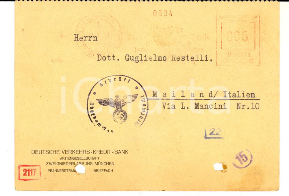 Cartolina originale da collezione 1943 MUNCHEN Cartolina DEUTSCHE VERKEHRSKREDITBANK a Guglielmo RESTELLI 1