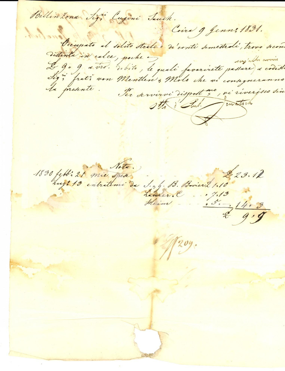 Documento originale, autentico 1831 COIRA SVIZZERA Otto JENATSCH sui conti per VON METLEN Prefilatelica 1