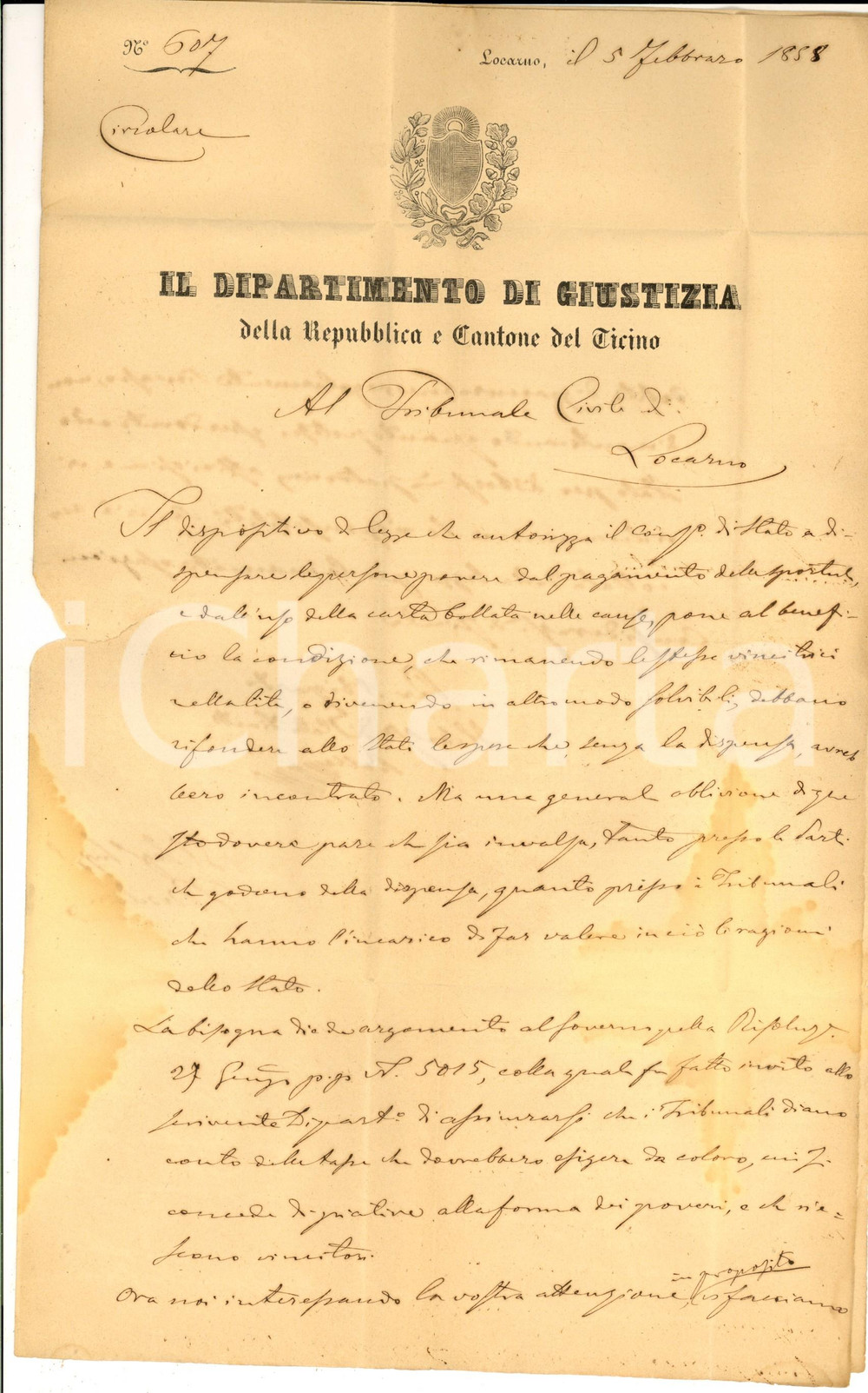 Manoscritto, lettera originale 1858 LOCARNO Sulla dispensa dal pagamento delle spese di bollo per i poveri 1
