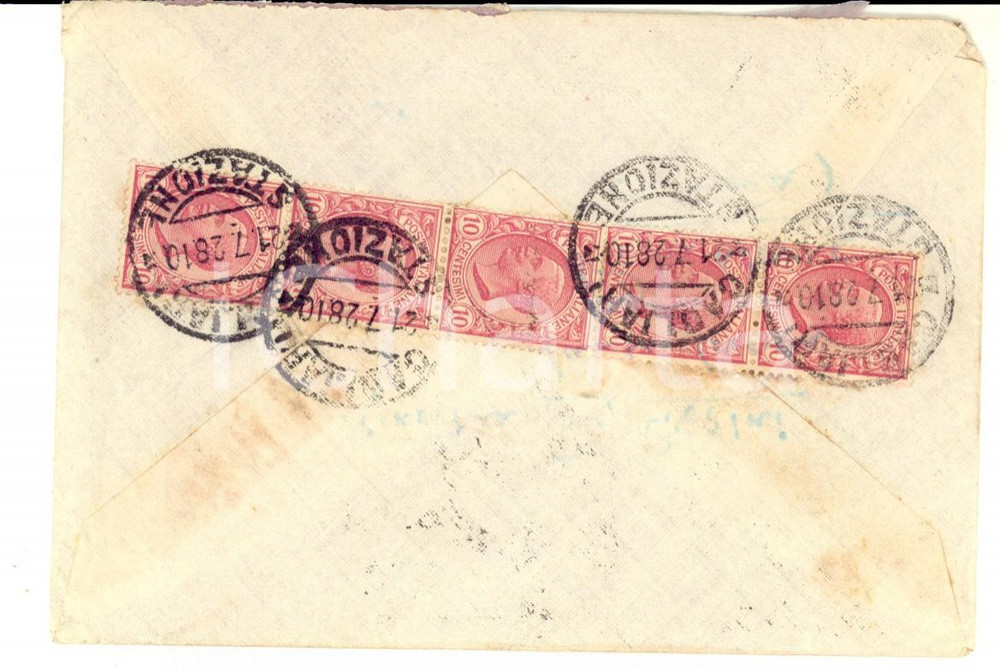 Materiale pubblicitario d’epoca 1928 CAGLIARI STORIA POSTALE REGNO Busta chiusa con striscia di 5 del 10 cent. 1