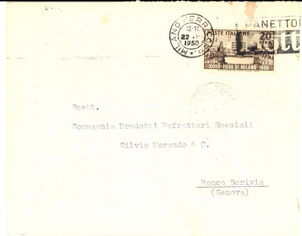1950 STORIA POSTALE Busta affrancatura L. 20 FIERA DI MILANO Panettone MOTTA