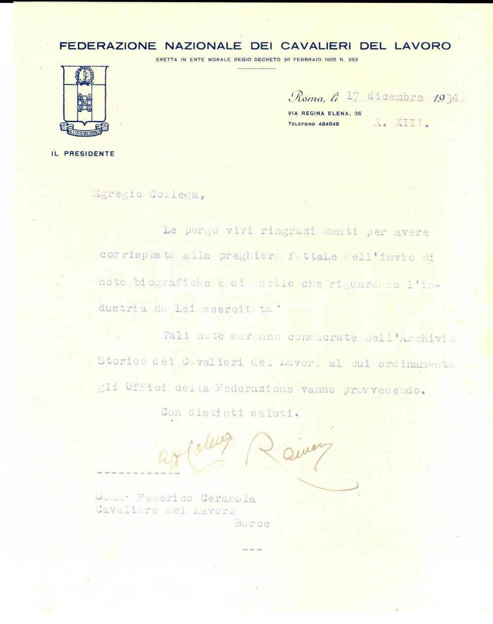 Autografo originale 1934 ROMA FEDERAZIONE NAZIONALE CAVALIERI DEL LAVORO Giovanni RAINERI Autografo 1