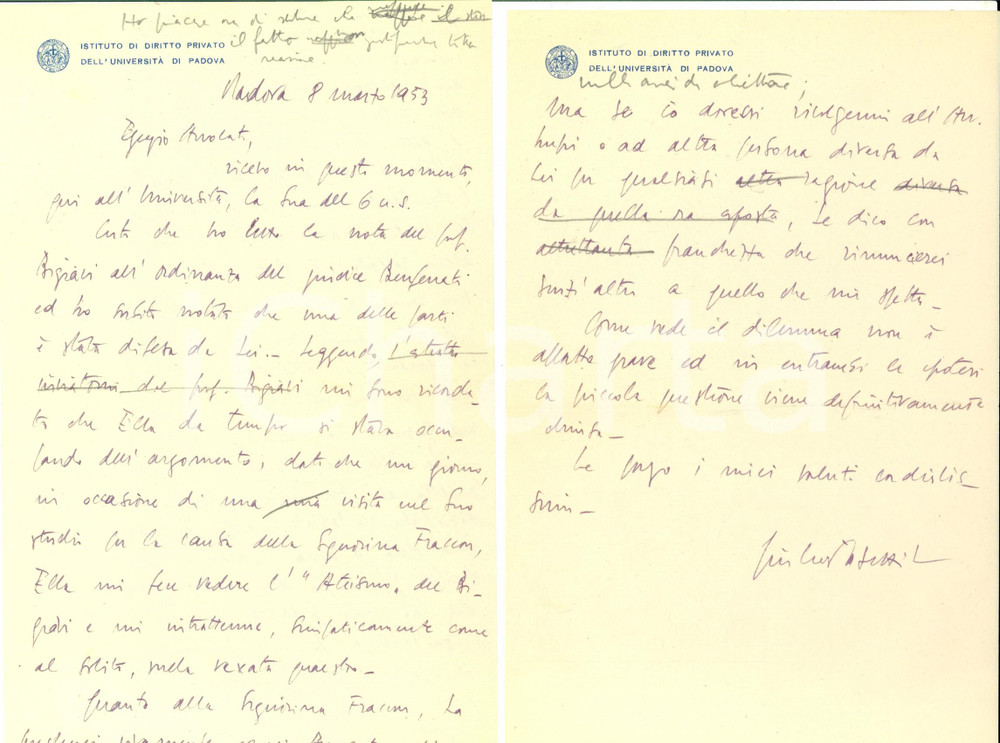 Autografo originale 1953 UNIVERSITÃ  DI PADOVA Lettera Giulio PASETTI a un avvocato Autografo 1