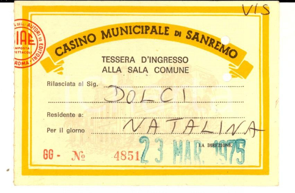 Oggetto da collezione cartaceo 1975 SANREMO IM CASINO MUNICIPALE Tessera d ingresso alla sala comune 1