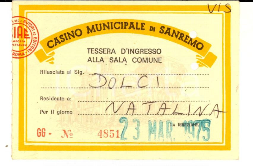 Oggetto da collezione cartaceo 1975 SANREMO IM CASINO MUNICIPALE Tessera d ingresso alla sala comune 1
