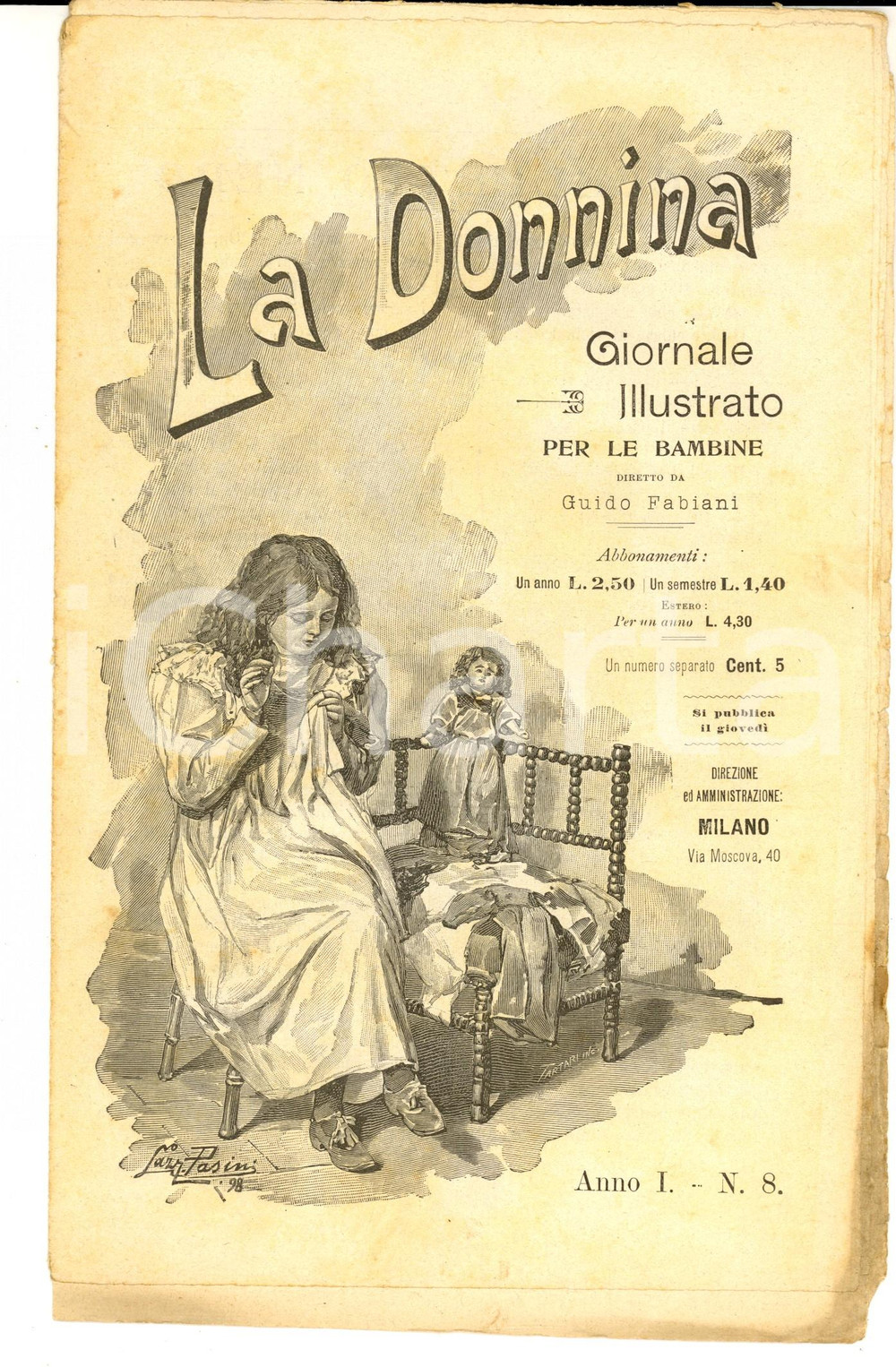 Giornale, rivista storica 1898 LA DONNINA Giornale illustrato per bambine  PietÃ  di bimbo Anno 1 nÂ°8 1