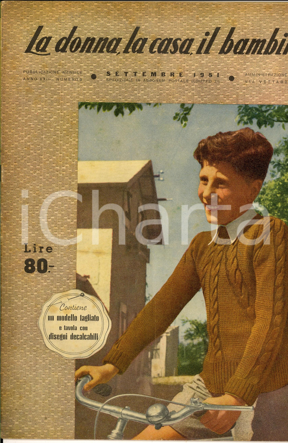Giornale, rivista storica 1951 LA DONNA, LA CASA, IL BAMBINO Scialle per signora Rivista anno XXII nÂ° 8 1