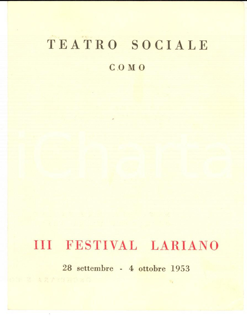 Materiale pubblicitario d’epoca 1953 COMO TEATRO SOCIALE  III Festival Lariano  Programma musicale 1