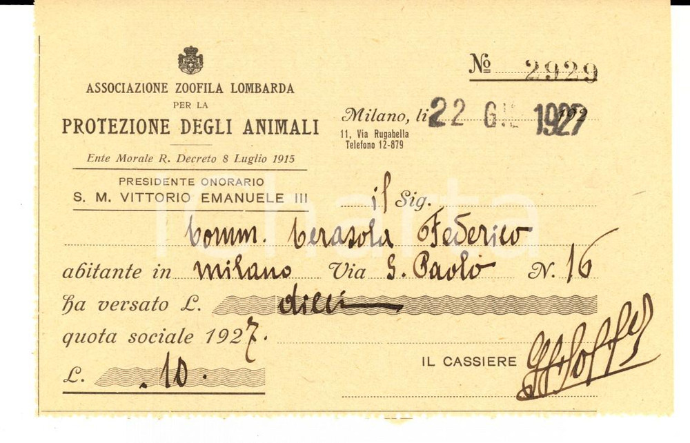Documento originale, autentico 1927 MILANO Associazione Zoofila Protezione Animali  Ricevuta Federico CERASOLA 1
