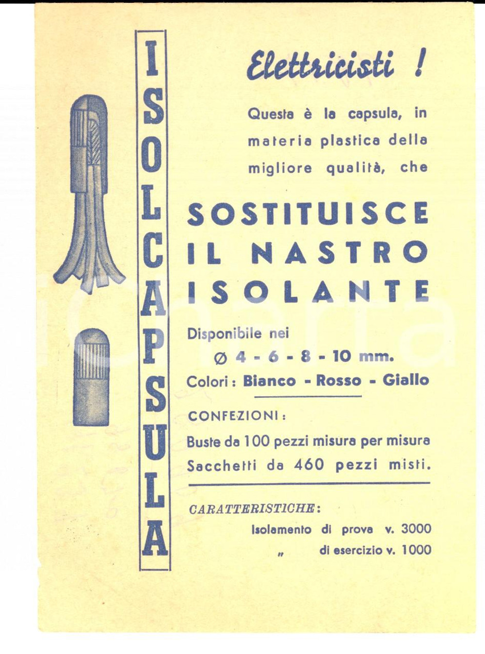Materiale pubblicitario d’epoca 1950 ca ISOLCAPSULA per elettricisti Volantino pubblicitario 11x16 cm 1