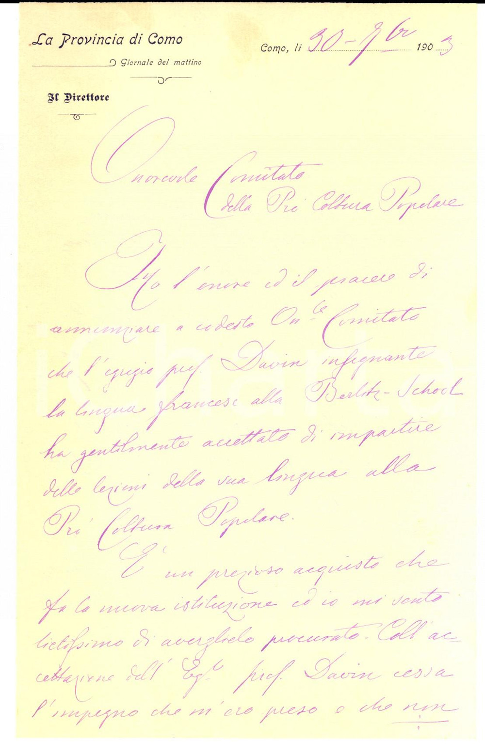 Manoscritto, lettera originale 1903 LA PROVINCIA DI COMO Direttore Luigi MASSUERO sul prof. DAVIN AUTOGRAFO 1