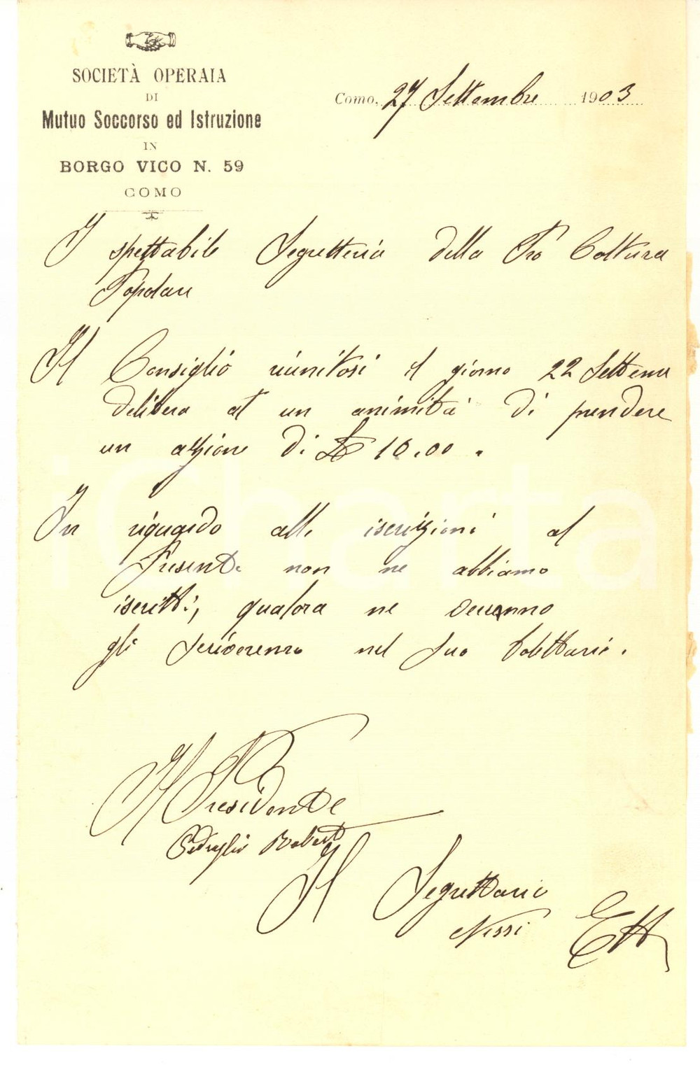 Manoscritto, lettera originale 1903 COMO Lettera della SocietÃ  Operaia in BORGO VICO su acquisto azioni 1