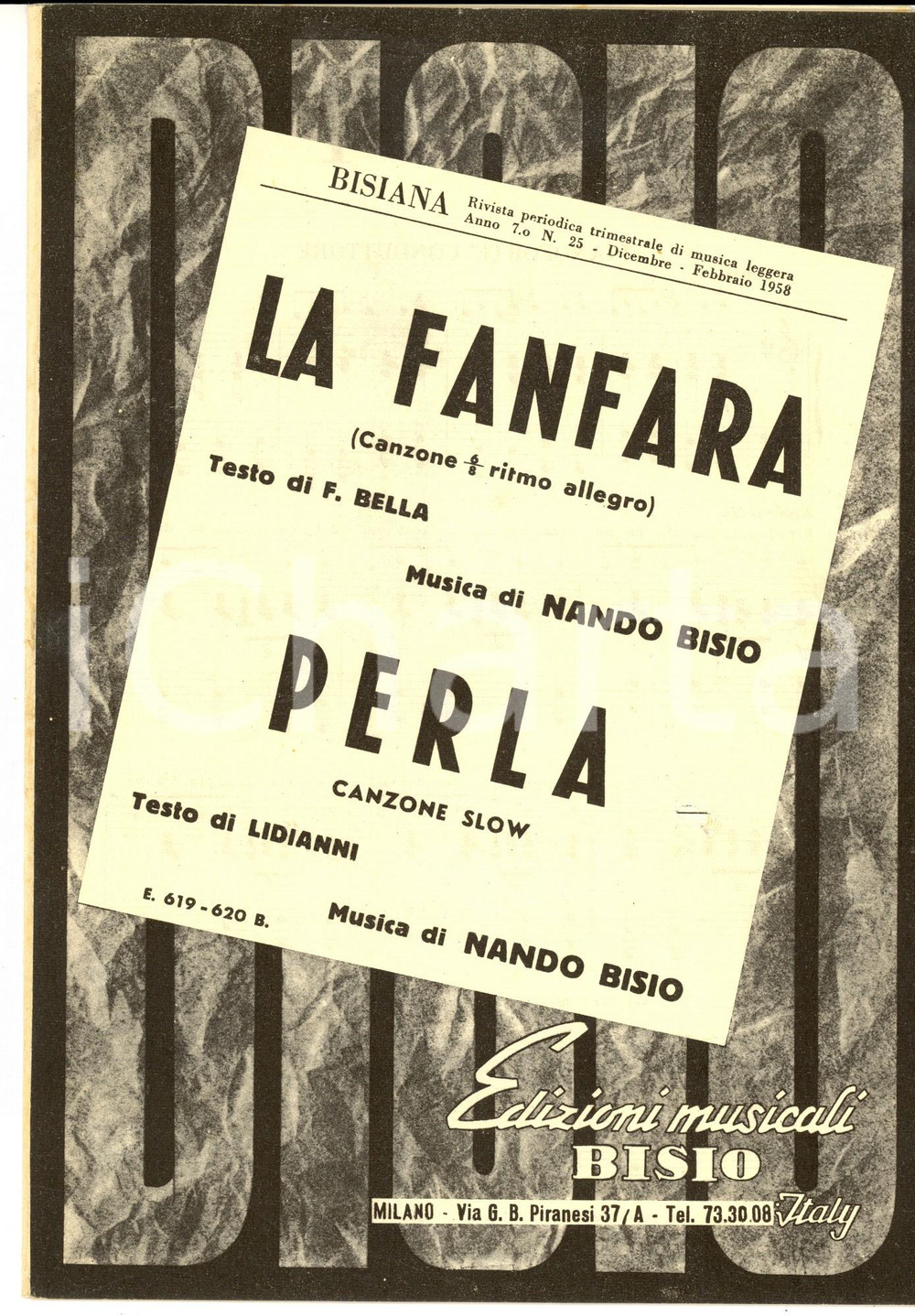 Oggetto da collezione cartaceo 1957 Nando BISIO La fanfara  Perla Spartiti ed. BISIO strumenti orchestra 1