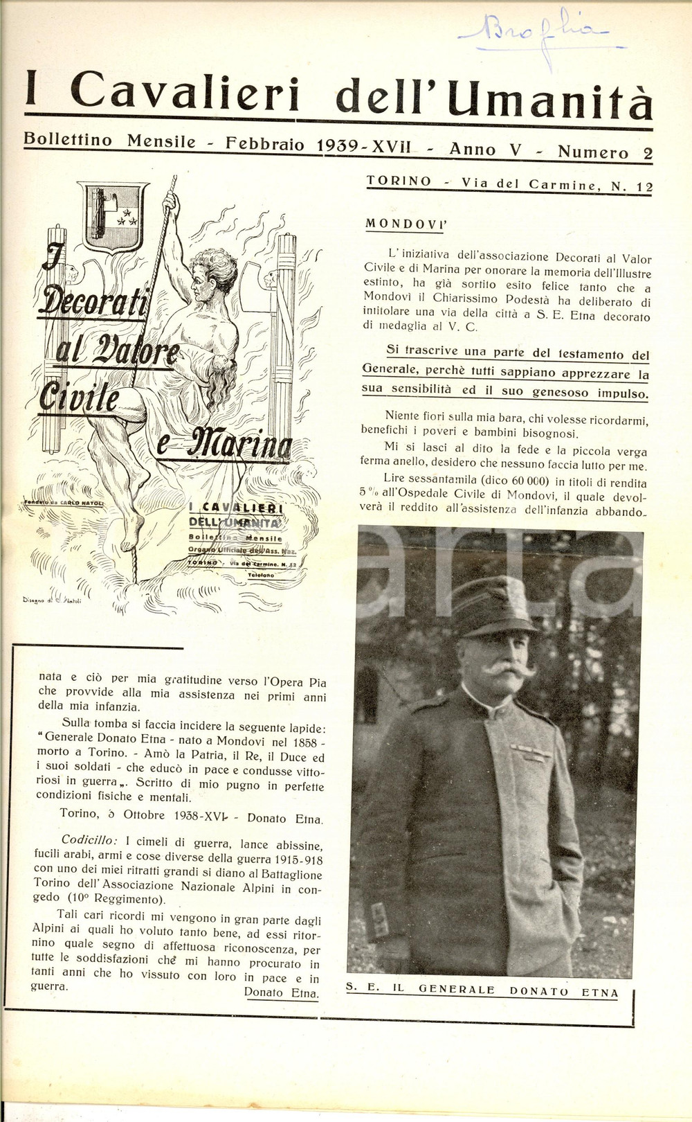 Giornale, rivista storica 1939 MONDOVI  Bollettino I CAVALIERI DELL UMANITA  Testamento gen. Donato ETNA 1