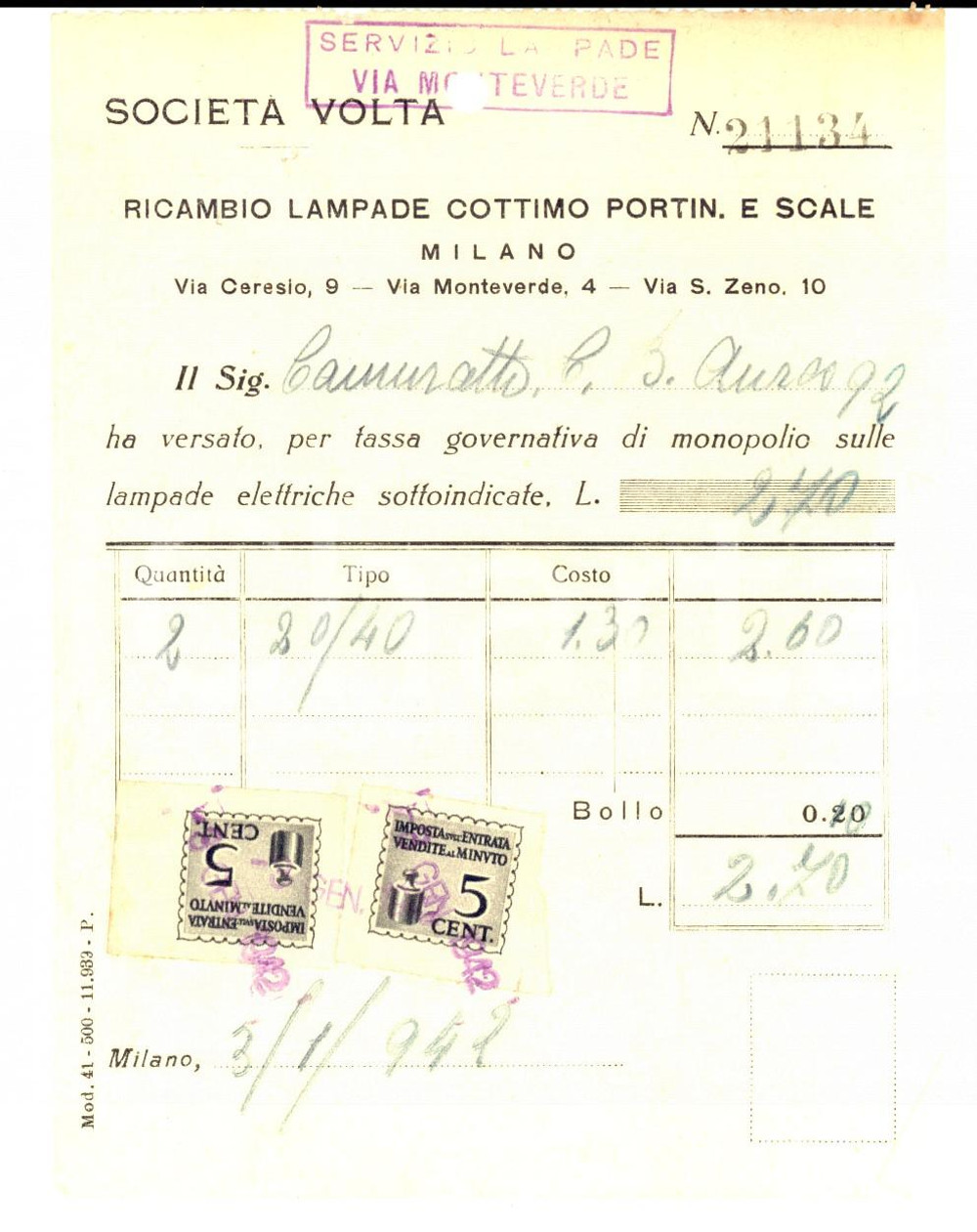 Documento originale, autentico 1942 MILANO SOCIETA  VOLTA Ricevuta per monopolio su lampade elettriche 1