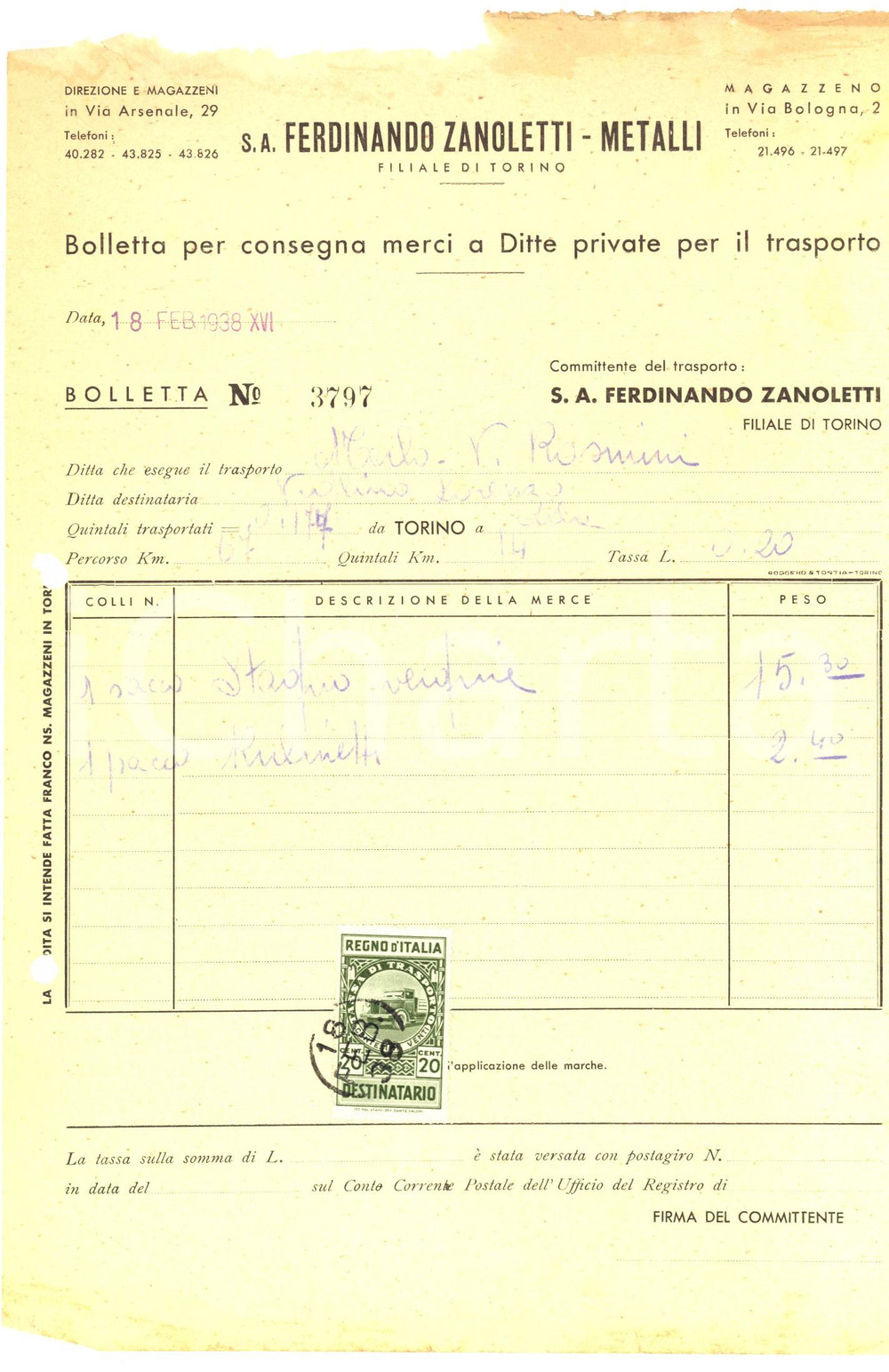 Documento originale, autentico 1938 TORINO Ditta trasporti Ferdinando ZANOLETTI Bolletta per consegna 1