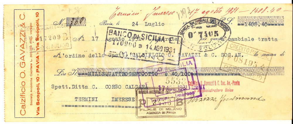 Documento originale, autentico 1931 PAVIA Calzificio O. GAVAZZI Assegno pubblicitario 1