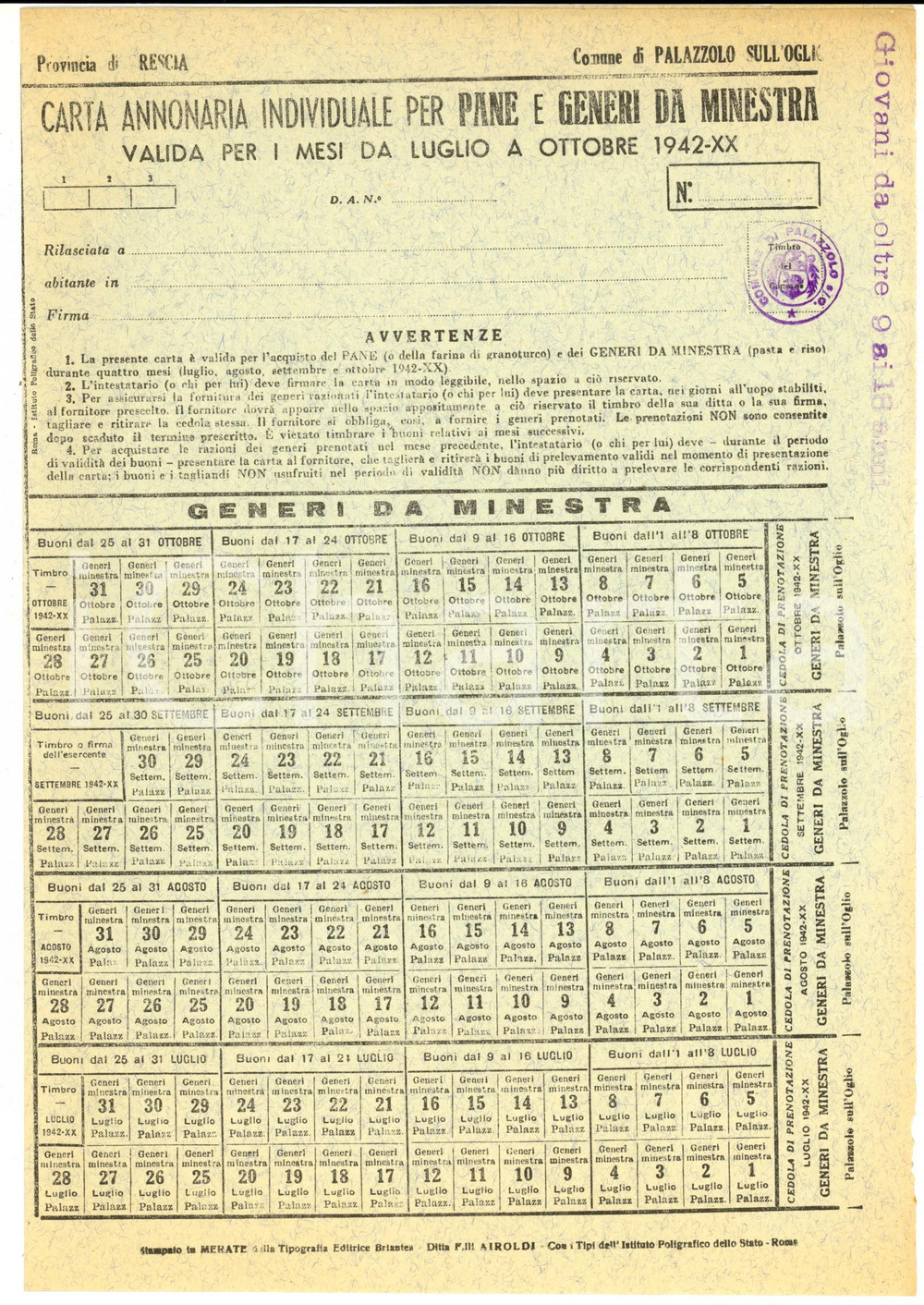 Documento originale, autentico 1942 PALAZZOLO SULL OGLIO Carta annonaria individuale pane e generi da minestra 1