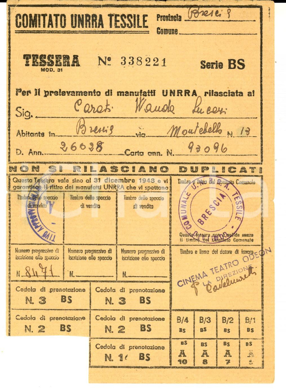 Oggetto da collezione cartaceo 1948 BRESCIA UNRRA Tessile  Tessera di Wanda CARATI LUCERI 1
