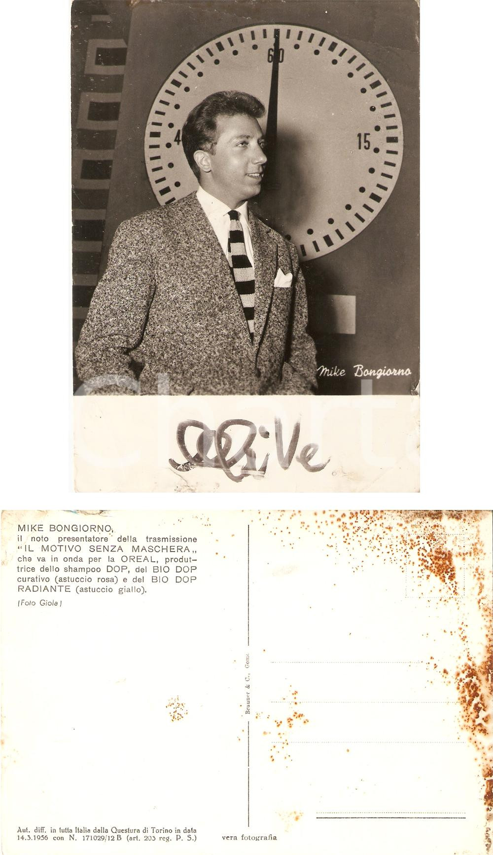 Autografo originale 1955 TELEVISIONE Mike BONGIORNO Autografo Sponsor L OREAL Cartolina DANNEGGIATA 1