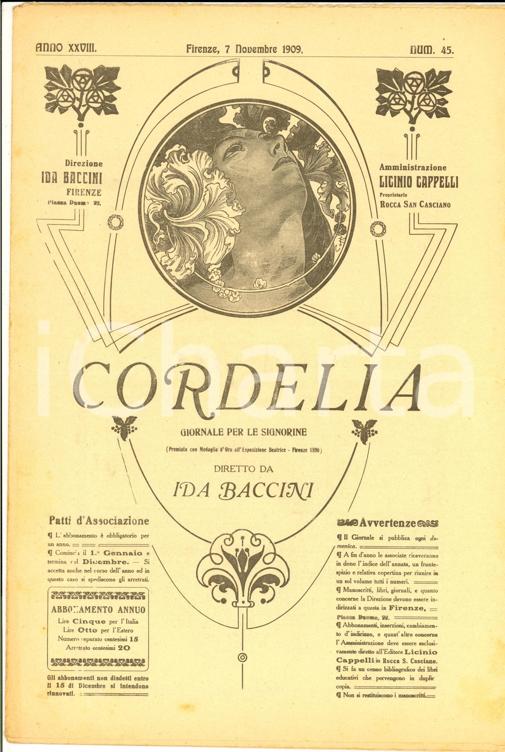 Giornale, rivista storica 1909 CORDELIA La cultura delle giovinette Rivista anno XXVIII nÂ°45 1