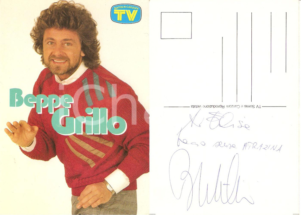 Autografo originale 1975 ca TELEVISIONE Beppe GRILLO Autografo TV SORRISI E CANZONI Cartolina FG NV 1