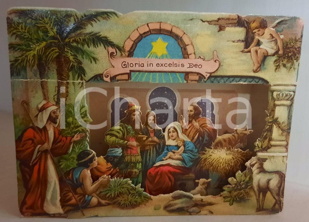 Oggetto da collezione cartaceo 1922 AOSTA Natività  di Gesù con i Re Magi Diorama POPUP 12x9 cm 1