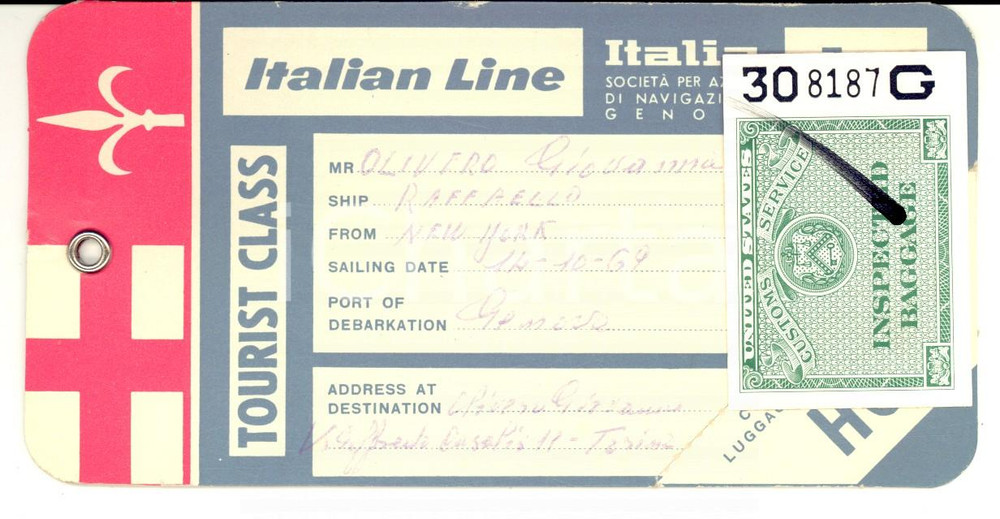 Materiale pubblicitario d’epoca 1969 NEW YORK Società di Navigazione ITALIA Etichetta per bagaglio 1