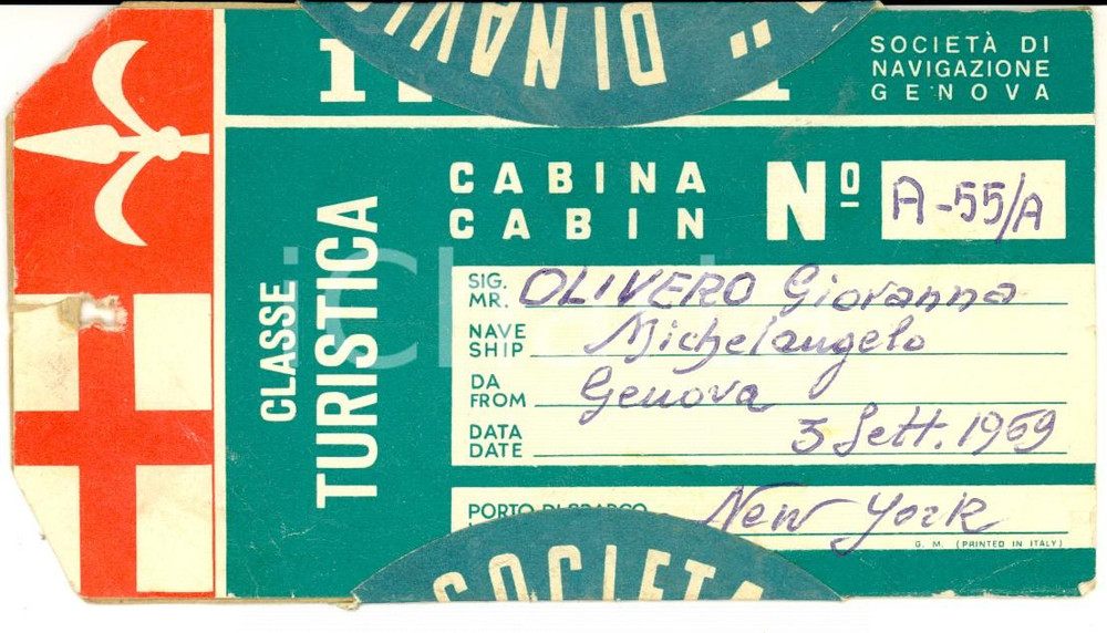 Materiale pubblicitario d’epoca 1969 GENOVA Società di Navigazione ITALIA Etichetta bagaglio  Classe turistica 1