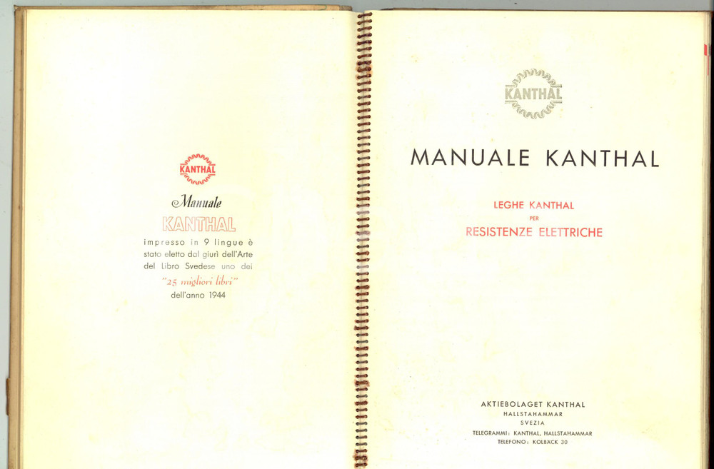 Libro, pubblicazione d epoca 1945 SVEZIA Manuale KANTHAL per resistenze elettriche ILLUSTRATO 106 pp. 1