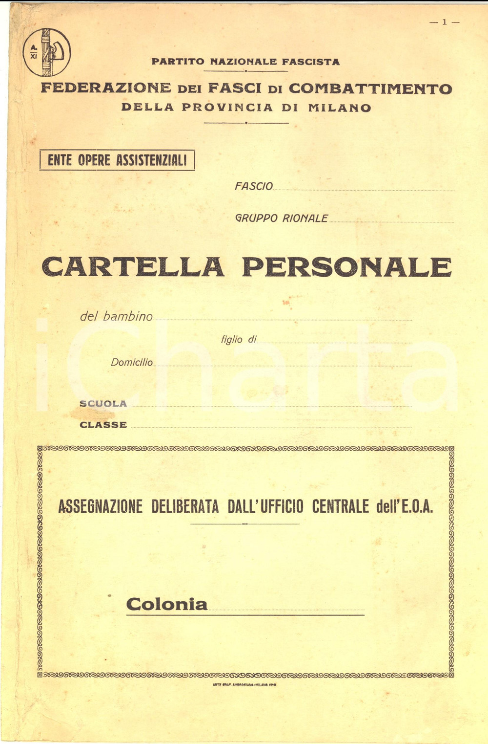 Documento originale, autentico 1940 ca PNF MILANO Cartella personale sanitaria per bambini NON COMPILATA 1