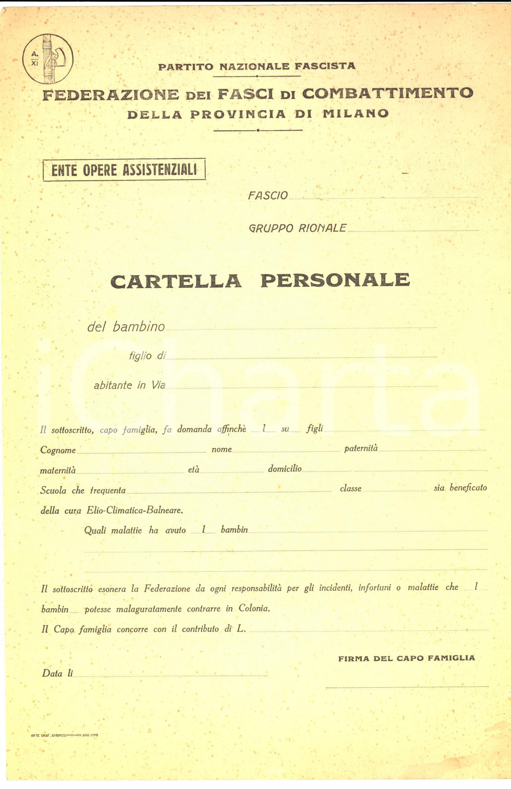 1940 ca PNF MILANO Cartella personale sanitaria per bambini - NON COMPILATA