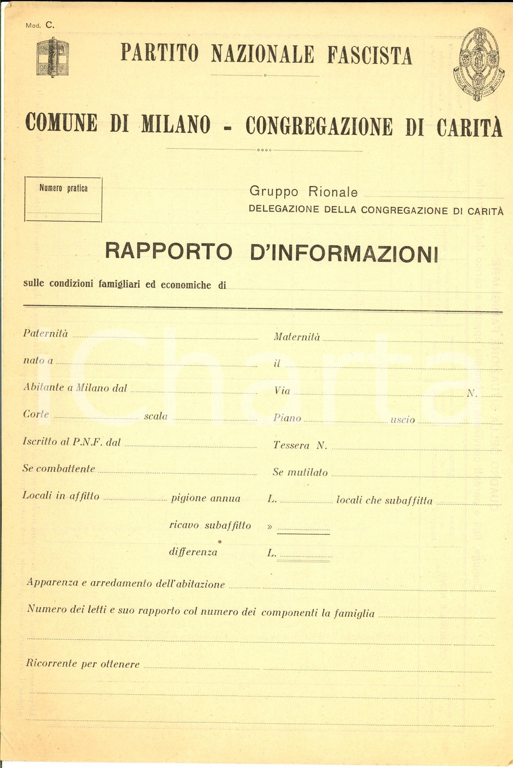 1940 ca PNF MILANO Congregazione di carità - rapporto informazioni NON COMPILATO