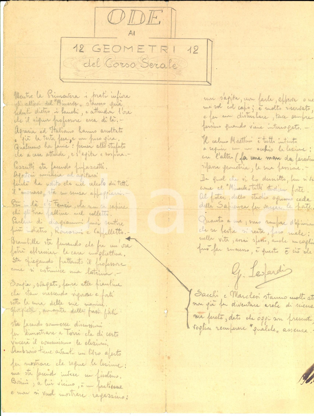 Manoscritto, lettera originale 1940 ca MILANO GOLIARDIA Ode ai GEOMETRI del corso serale  Allievo RONCORONI 1