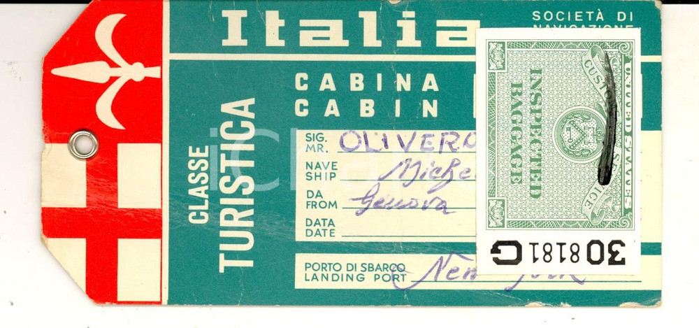 Materiale pubblicitario d’epoca 1969 GENOVA SocietÃ  Navigazione ITALIA Etichetta per bagaglio classe turistica 1