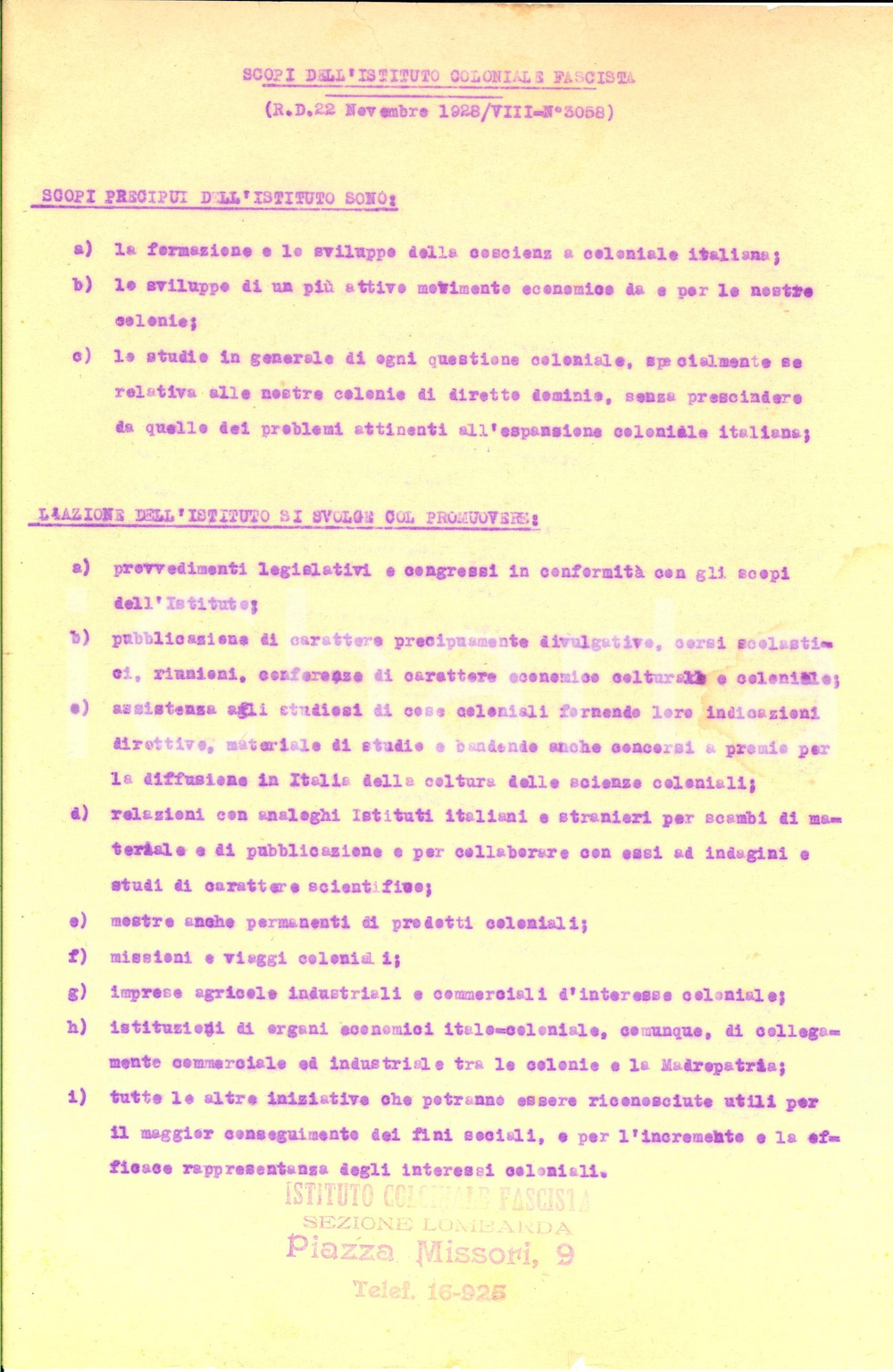 Documento originale, autentico 1930 ca MILANO MISSORI ISTITUTO COLONIALE FASCISTA Scopi e azione dell istituto 1