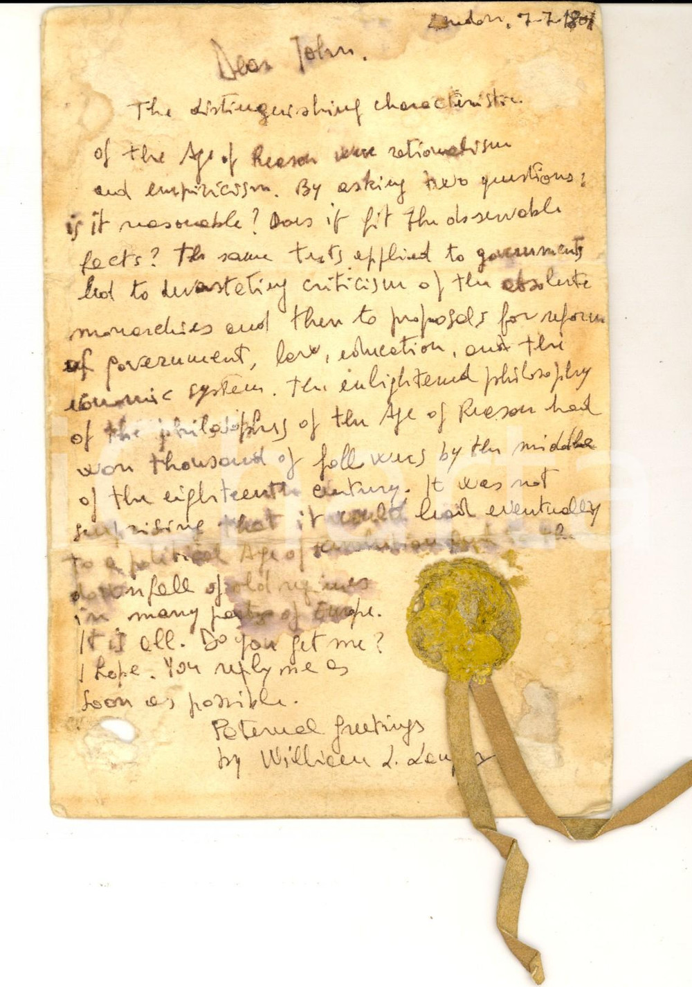 Autografo originale 1937 LONDON Storico William L. LANGER sulla filosofia dell Illuminismo AUTOGRAFO 1