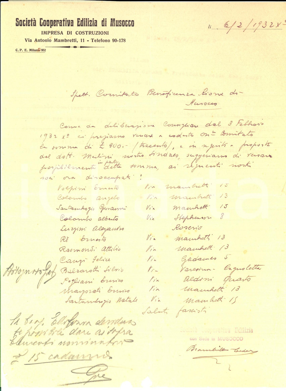 Documento originale, autentico 1932 MILANO AocietÃ  Cooperativa Edilizia di MUSOCCO Elenco dei soci disoccupati 1